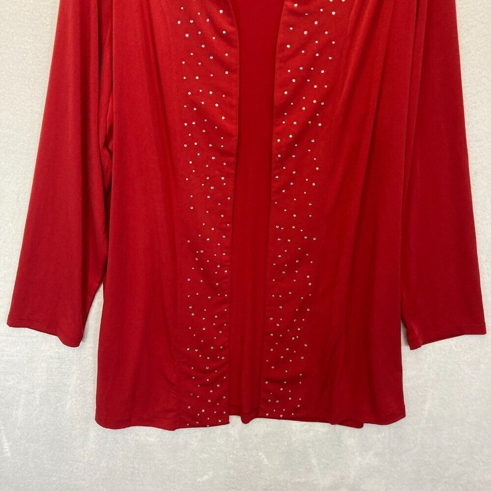 Quacker Factory Slinky Open Front Cardigan Womens 1X Rhinestone Red Long Line XL - Picture 4 of 11